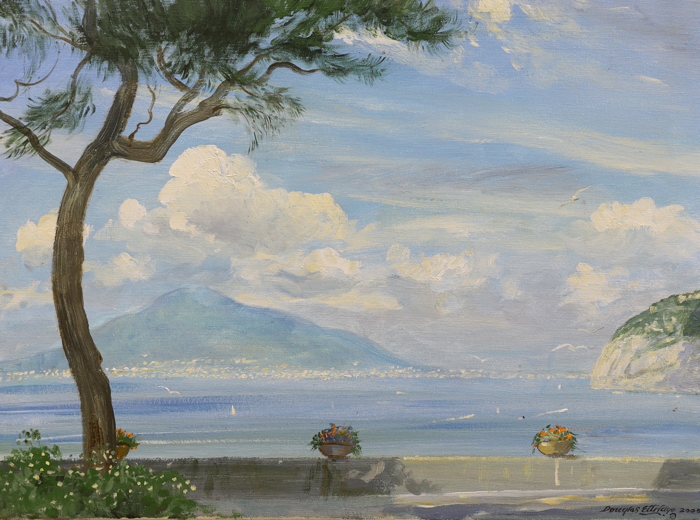 Douglas Ettridge (1927-2009), oil on canvas, Continental lakeside landscape, signed and dated 2005, 62 x 45cm, unframed